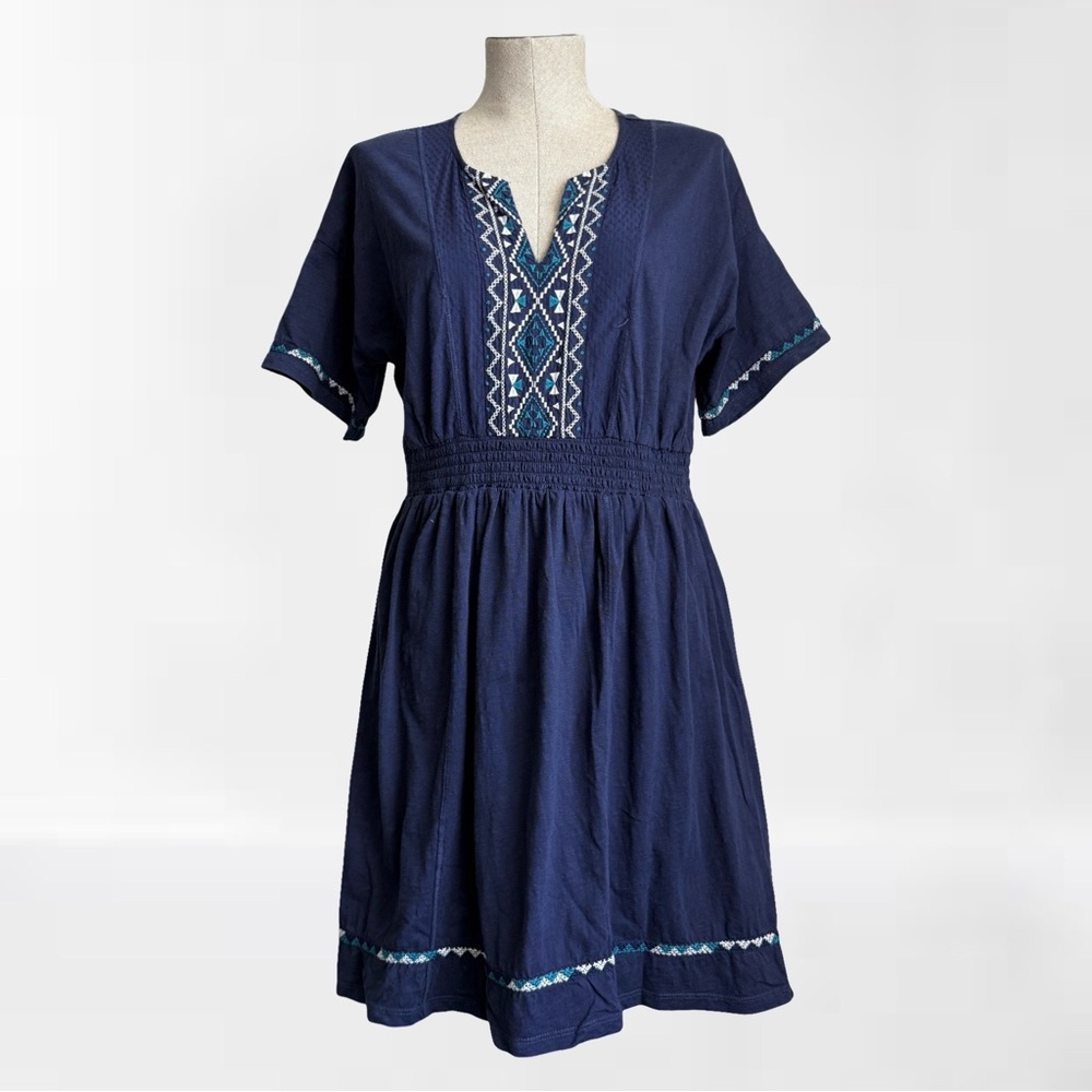 Caslon Navy Blue Embroidered Boho Peasant Dress - Petite Medium
